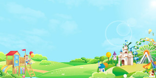 蓝色绿色卡通旋转木马绿地摩天轮太阳儿童儿童乐园展板背景儿童乐园背景